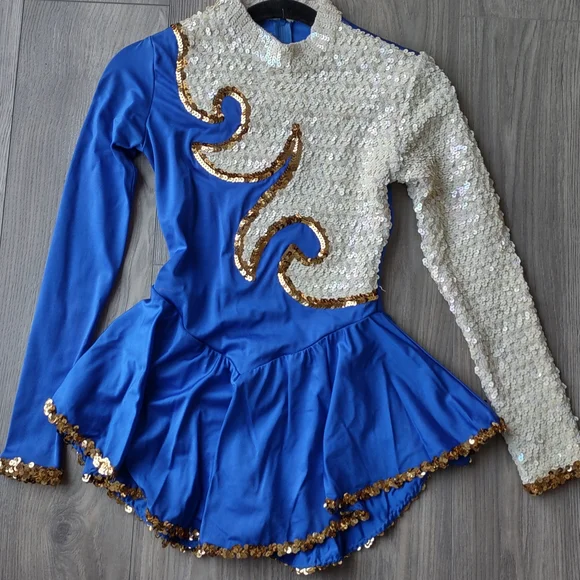 Small Ladies Blue & White Sequin Figure Skating Dress with Gold Trim - Picture 2 of 7